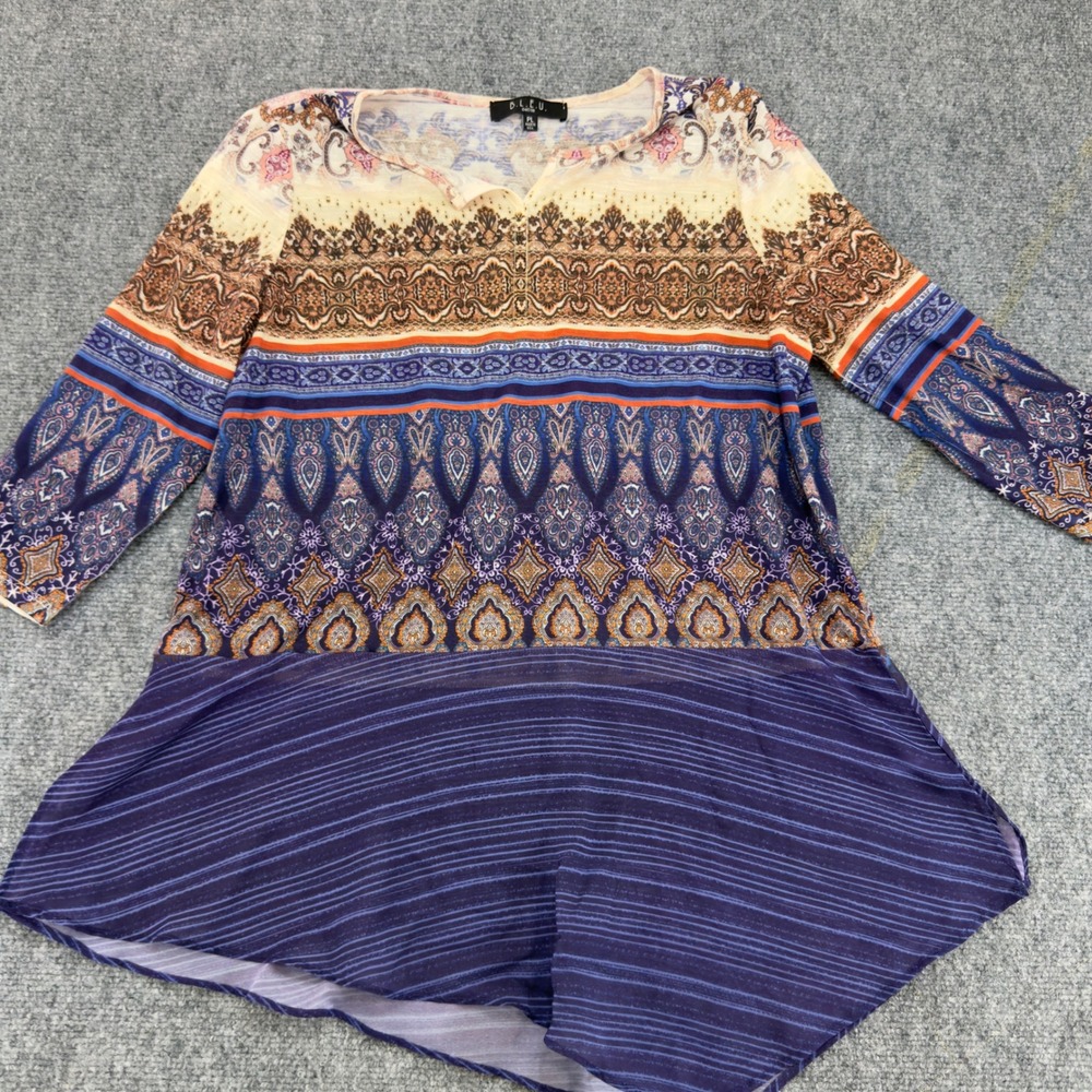 B.L.E.U. Petite Paisley Mixed Print High-Low Blouse Blue Size PL Made in USA